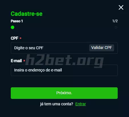 Formulário de registro H2bet